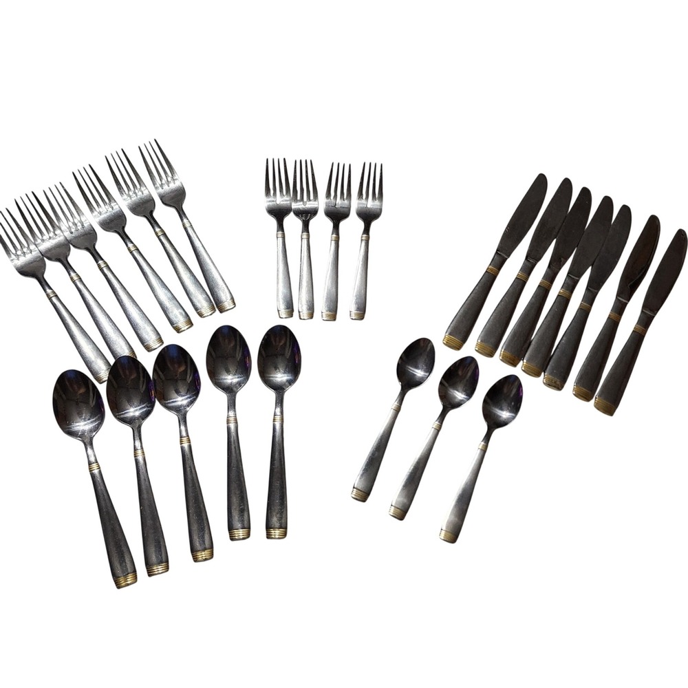Cambridge Stainless Steel Flatware Set 25pc Silver Gold Ribbed 2Tone replacement